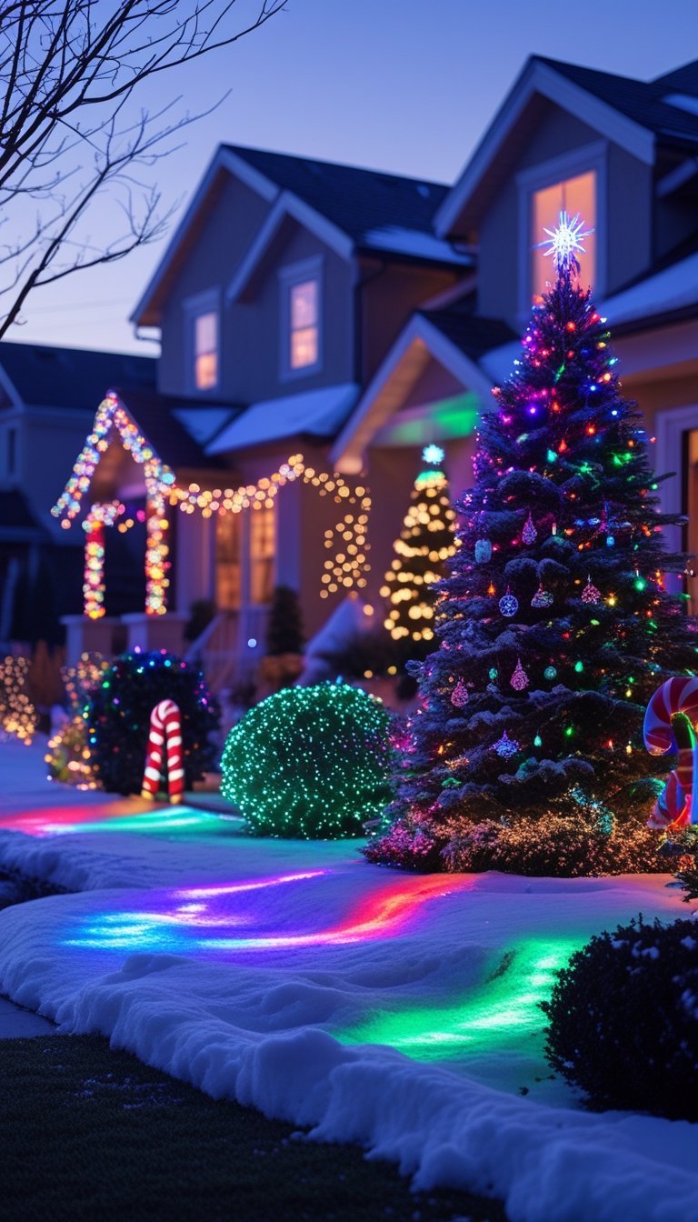 Outdoor yard at dusk decorated with colorful LED floodlights illuminating Christmas decorations including a tree, bushes, and pathway ornaments.