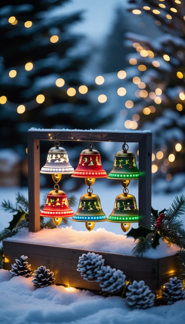 Colorful LED light-up musical bells glowing outdoors with snow and holiday decorations.