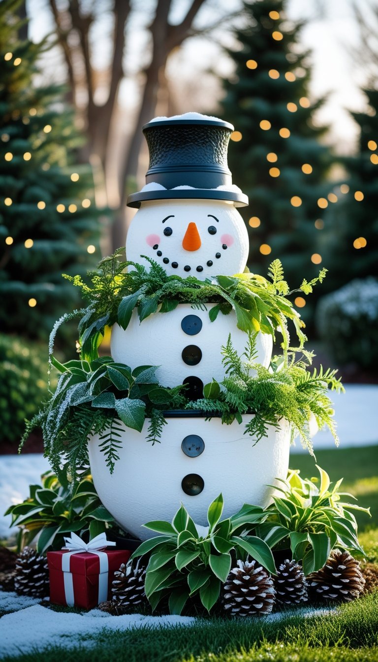 Snowman-shaped planter filled with green plants in a decorated outdoor Christmas yard.