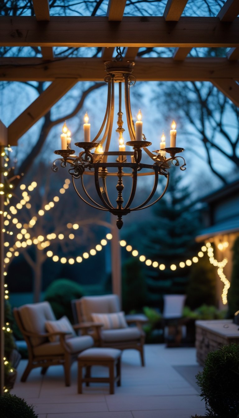 Outdoor chandelier with candle-style lights hanging above a backyard decorated with Christmas lights during twilight.