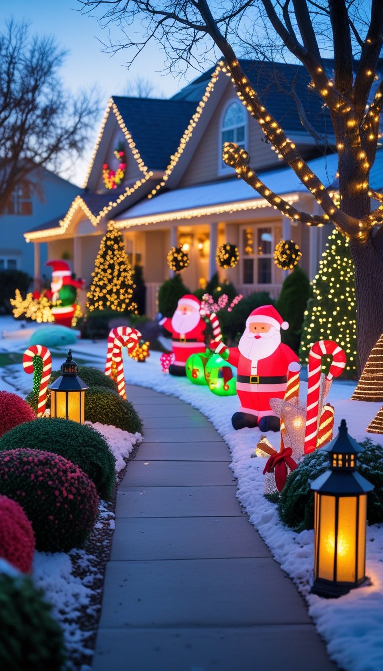 A suburban front yard decorated with various Christmas lights, inflatable figures, candy canes, wreaths, and ribbons covered lightly with snow during early evening.