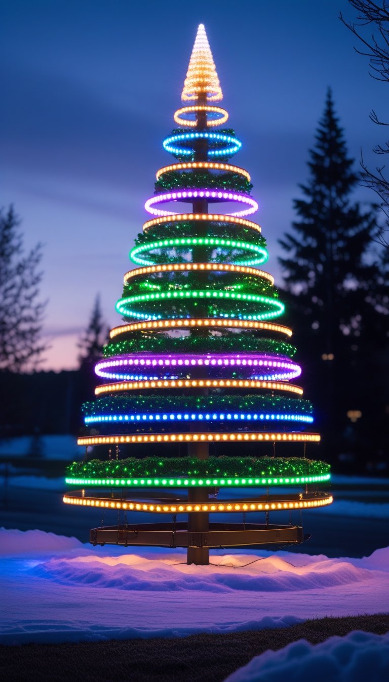 An outdoor Christmas tree made of glowing stacked LED hoops lit up at dusk.