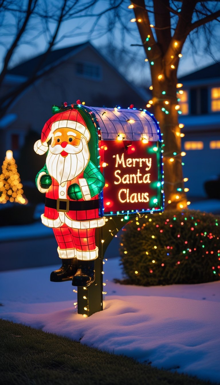 A mailbox decorated with a light-up Santa design surrounded by colorful outdoor Christmas lights on bushes and trees in a snowy yard at twilight.