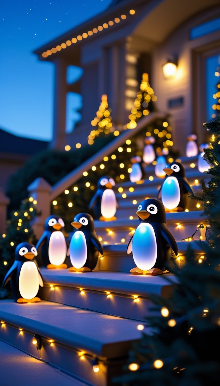 Animated LED penguin figures displayed on outdoor steps decorated with Christmas lights at night.
