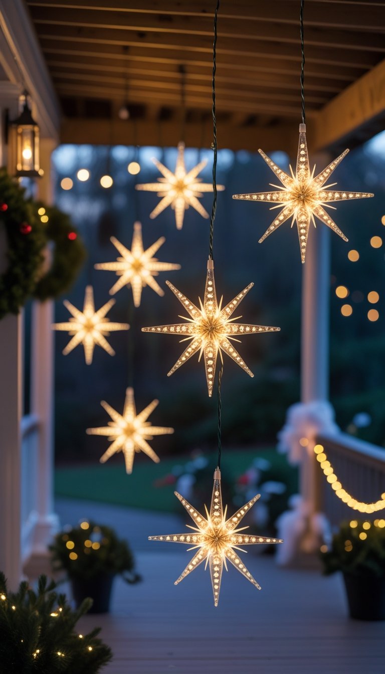 Starburst light fixtures hanging from a porch ceiling glowing warmly in an outdoor setting.