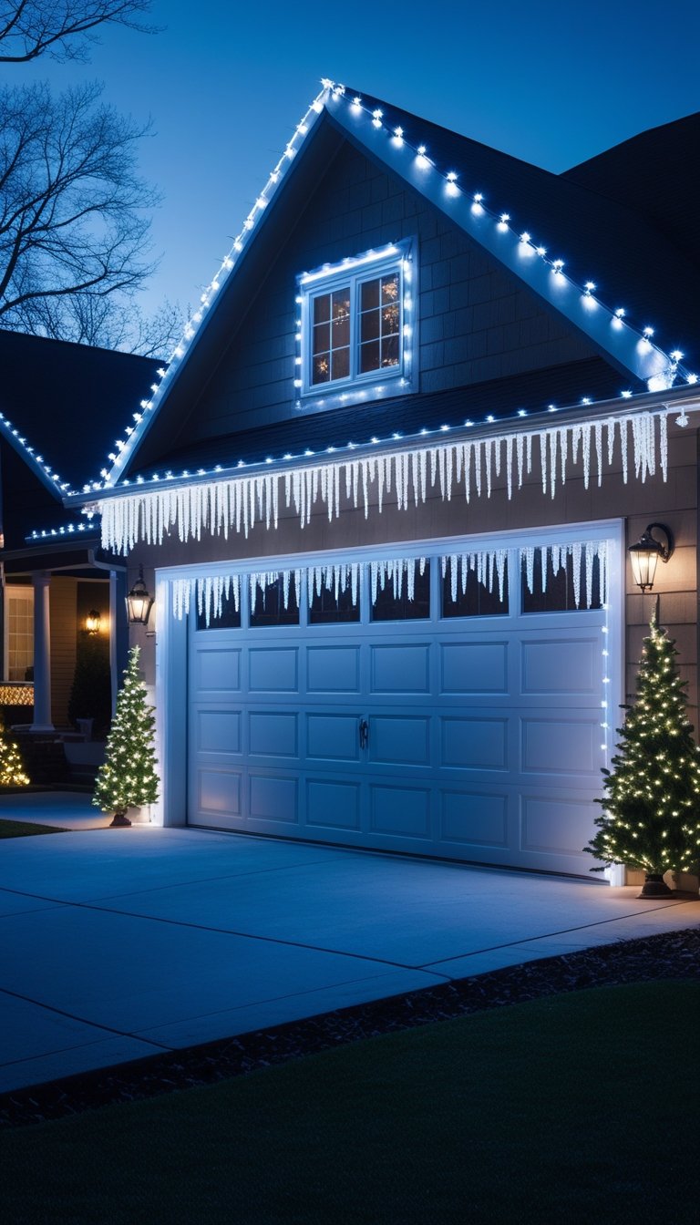 A garage door framed with glowing white icicle rope lights at dusk.