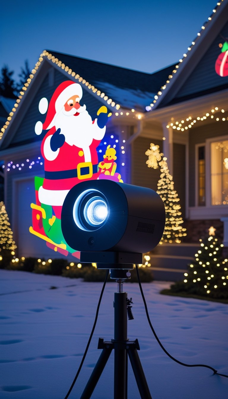 Outdoor scene showing a house with a colorful Santa Claus animation projected onto the wall and decorated with Christmas lights.