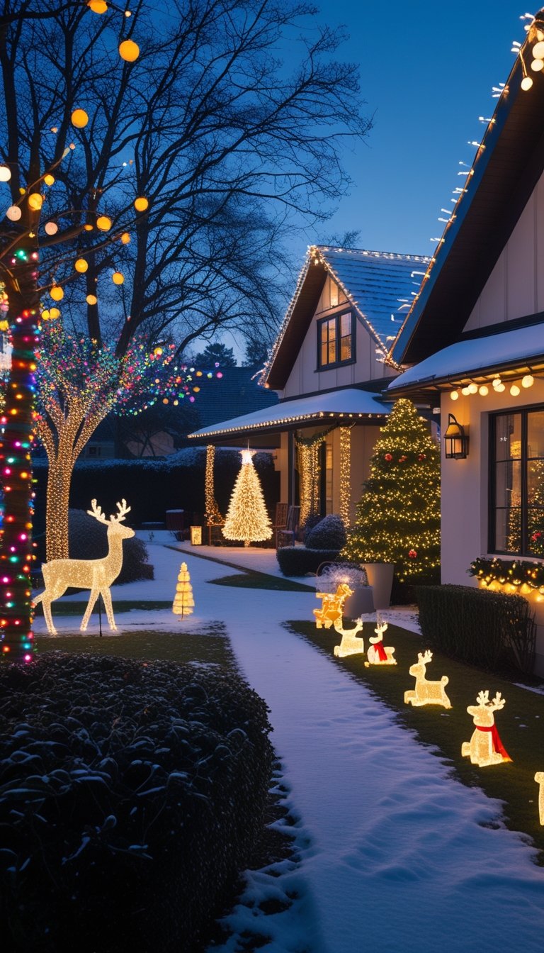 A cozy house and garden decorated with various colorful and white Christmas lights, including string lights on trees, icicle lights on the roof, glowing lanterns along a walkway, and illuminated holiday figures on a snowy lawn at twilight.