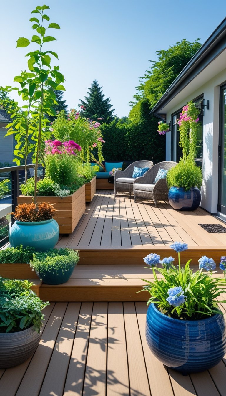 A wooden deck with various planters filled with green plants and colorful flowers, surrounded by outdoor furniture and a clear sky in the background.