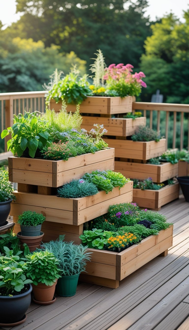 Multi-level wooden planter boxes filled with various plants and flowers arranged on a wooden deck garden.