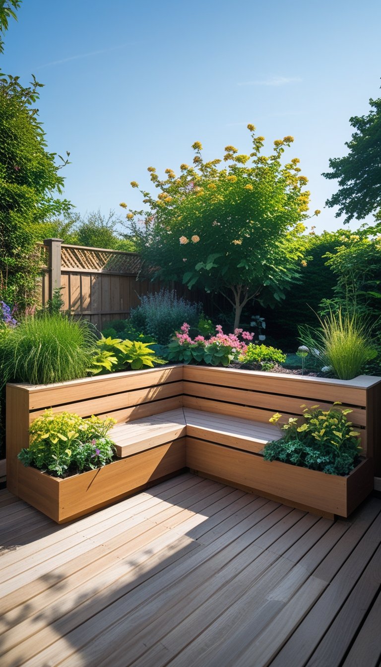 Outdoor wooden deck with built-in bench planters filled with green plants and flowers under natural daylight.