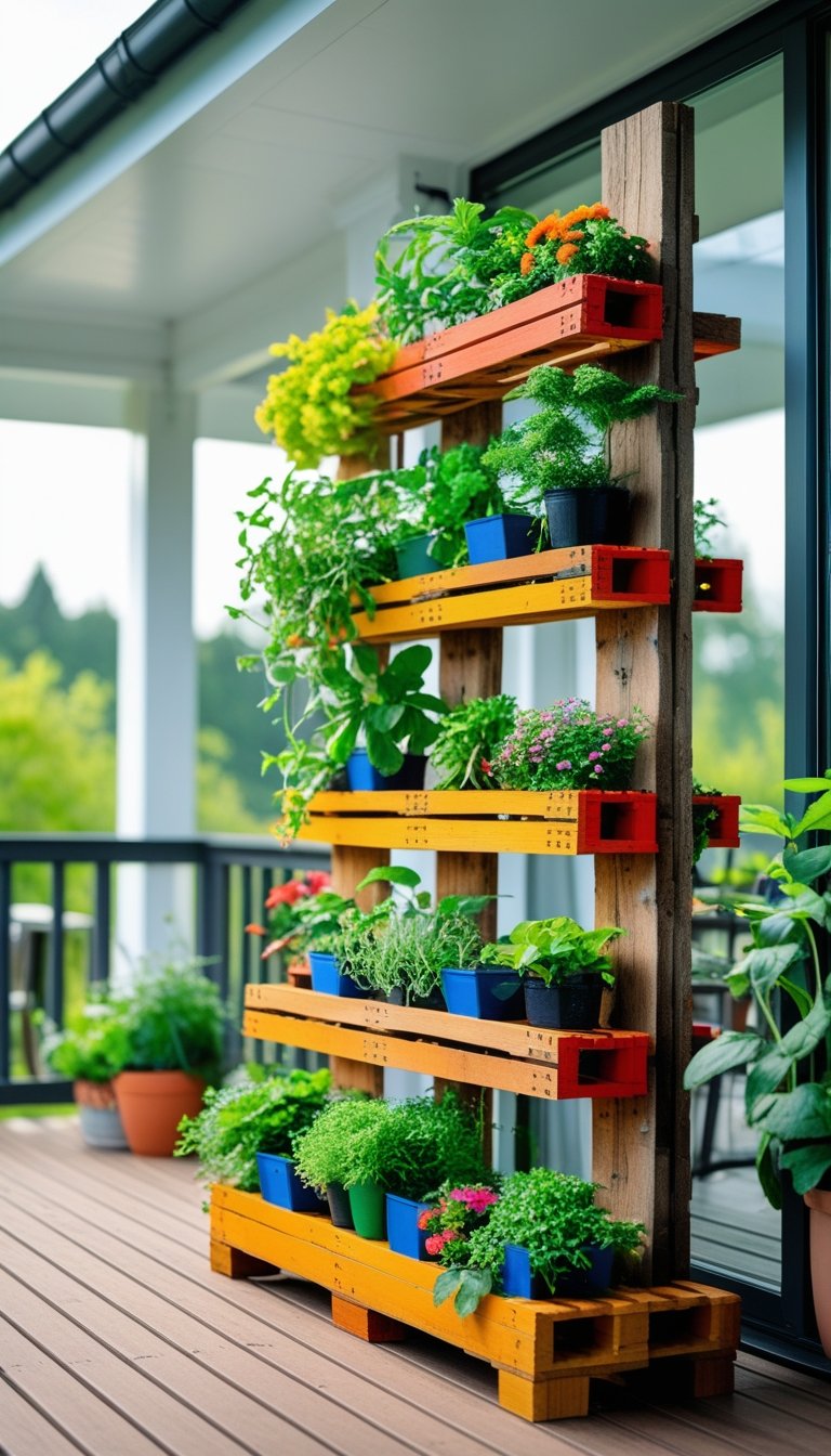 A vertical pallet garden with multiple colorful planters filled with plants and flowers on a wooden deck.