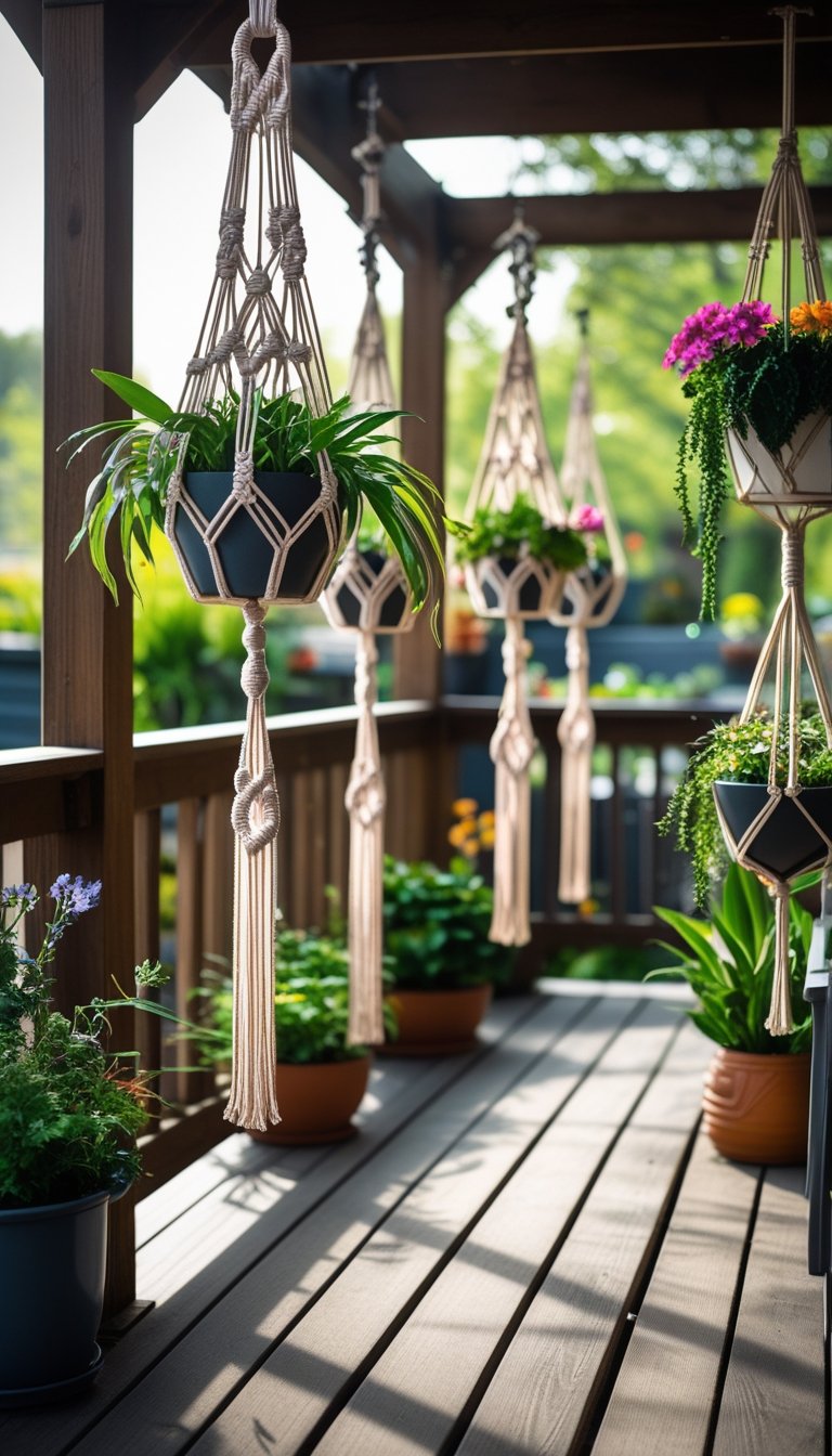 Various hanging macramé planters with green plants and flowers displayed on a sunny wooden deck garden.