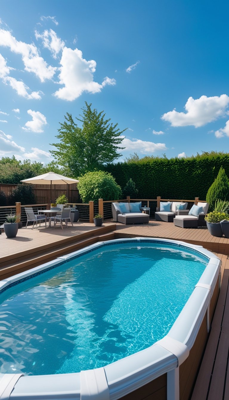 Backyard with an oval above ground pool surrounded by a wooden deck, lounge chairs, plants, and trees under a blue sky.