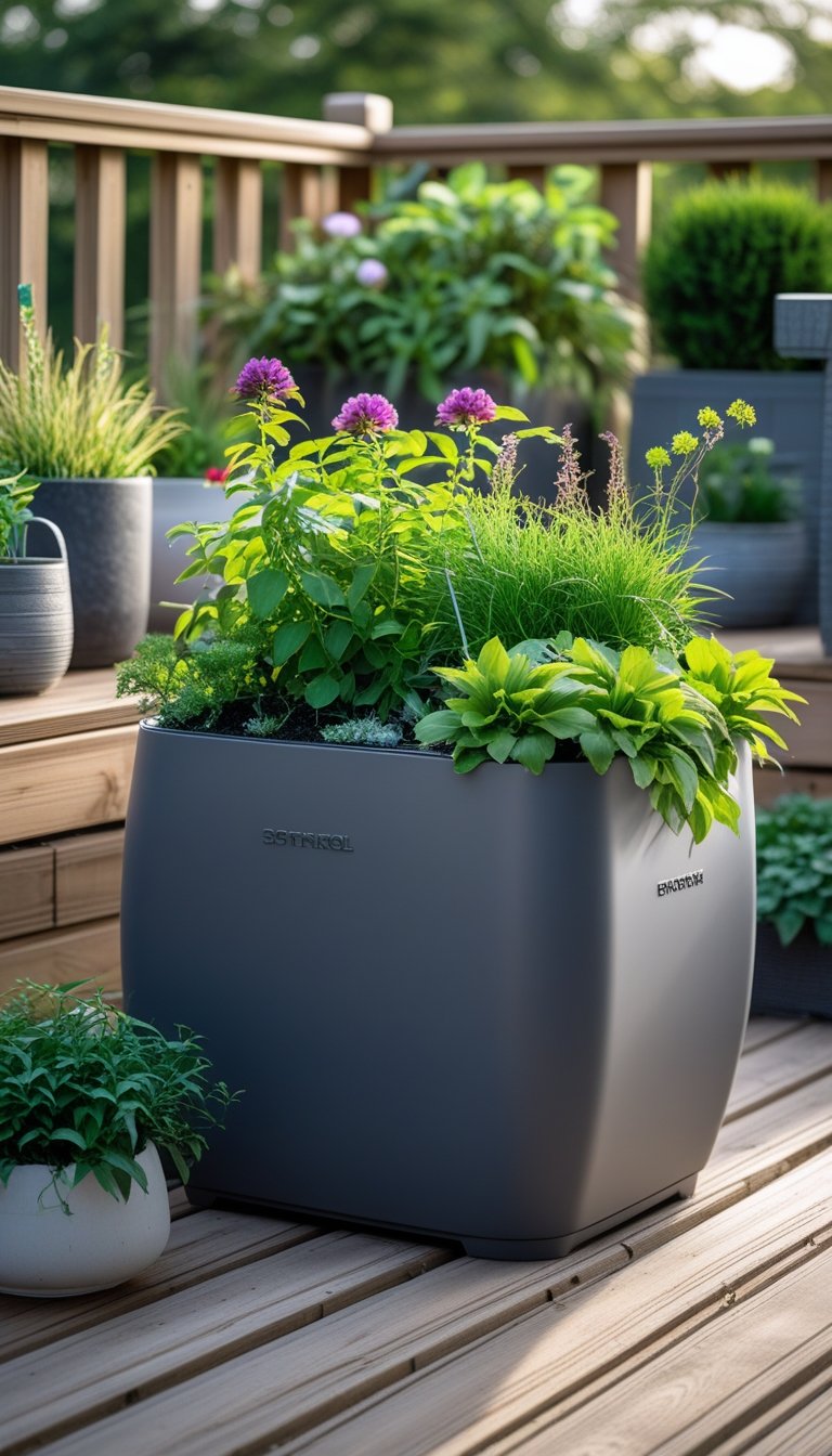 A self-watering resin planter with green plants and flowers on a wooden deck garden surrounded by other planters.