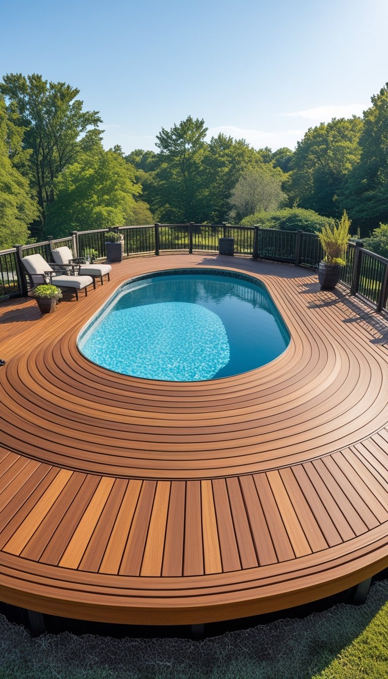 Oval above ground pool surrounded by a curved wraparound wood deck with outdoor furniture and greenery in the background.