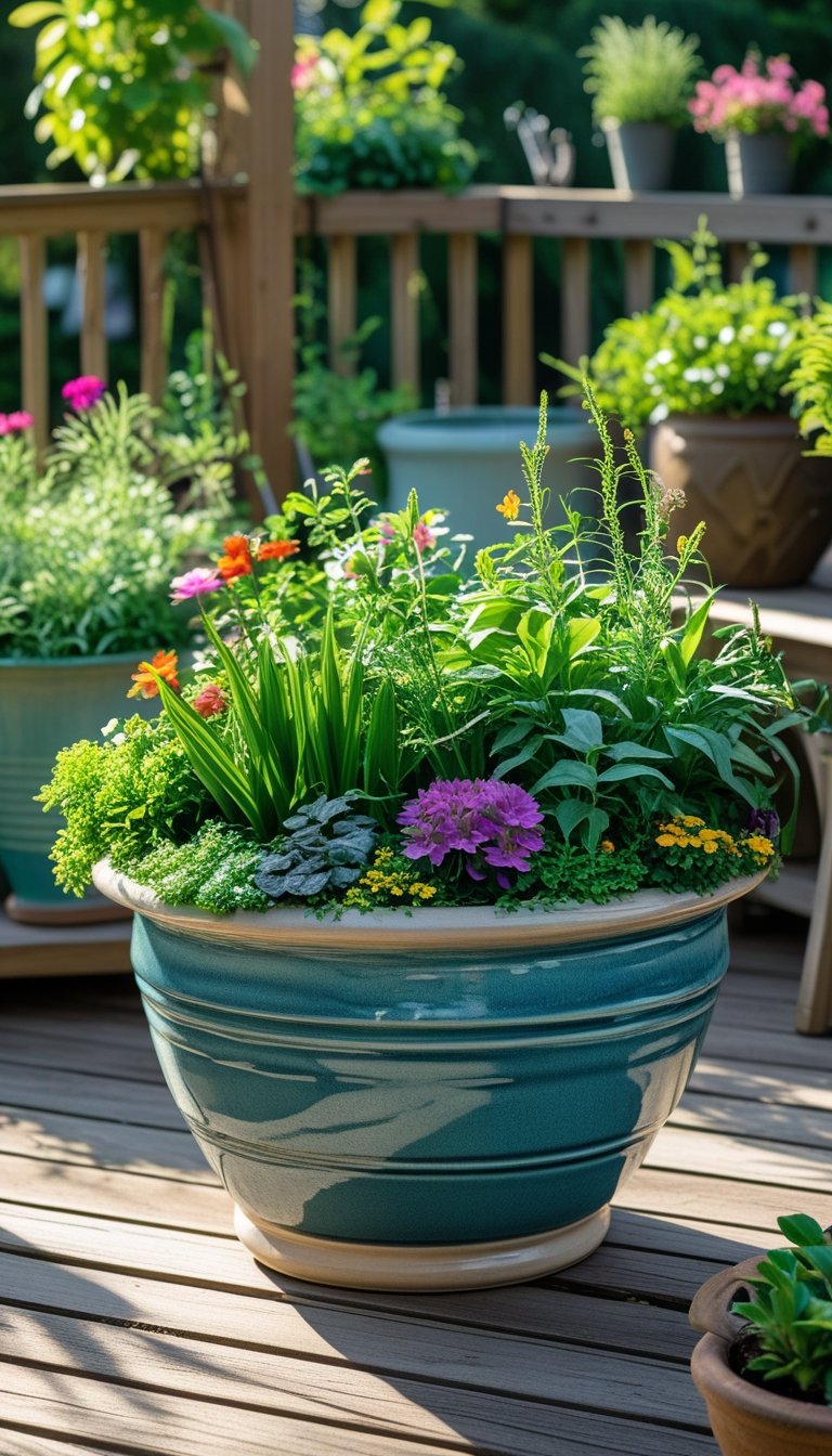 A ceramic tub planter filled with green plants and colorful flowers on a wooden deck garden.
