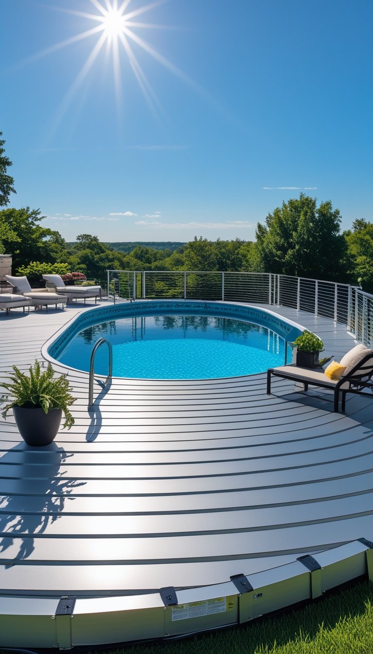 An oval above ground swimming pool surrounded by a modular aluminum deck with outdoor furniture and greenery under a sunny sky.