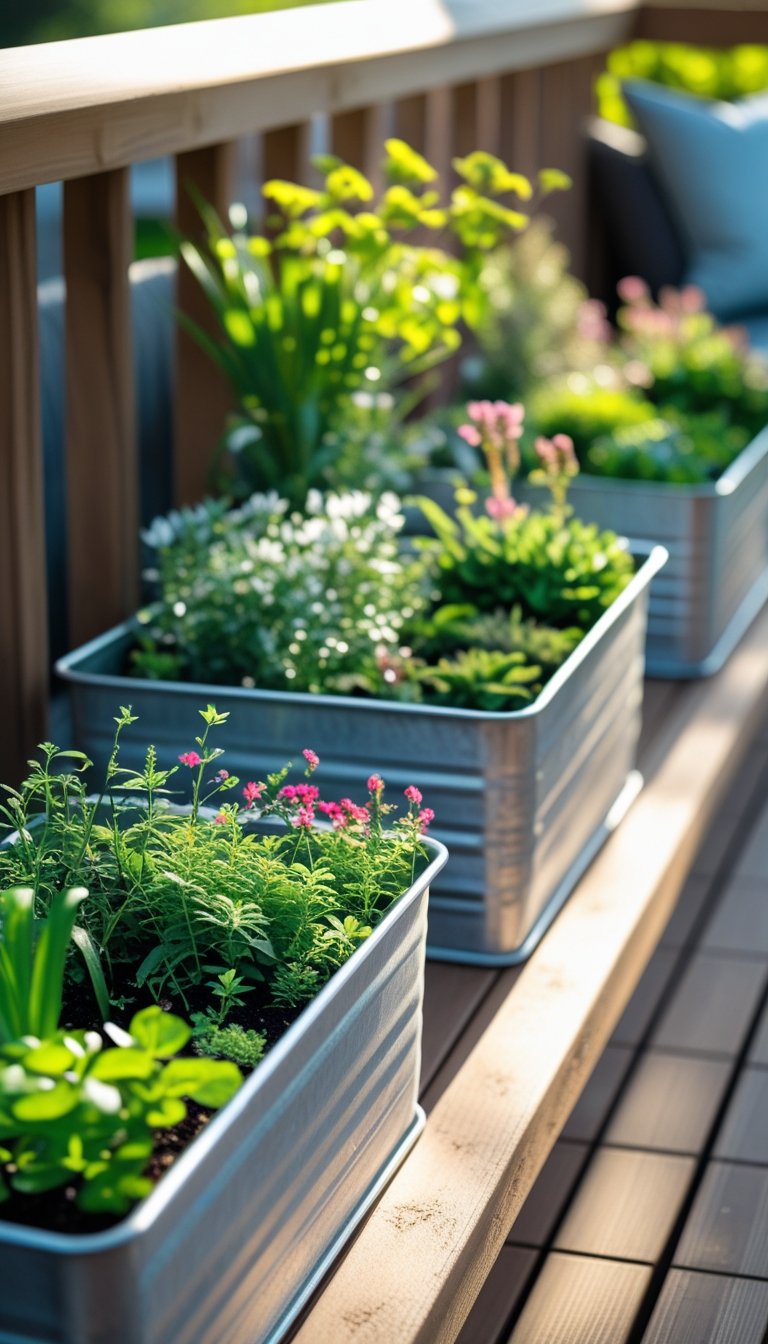 Outdoor deck garden with metal trough planters filled with green plants and colorful flowers arranged along a wooden railing.