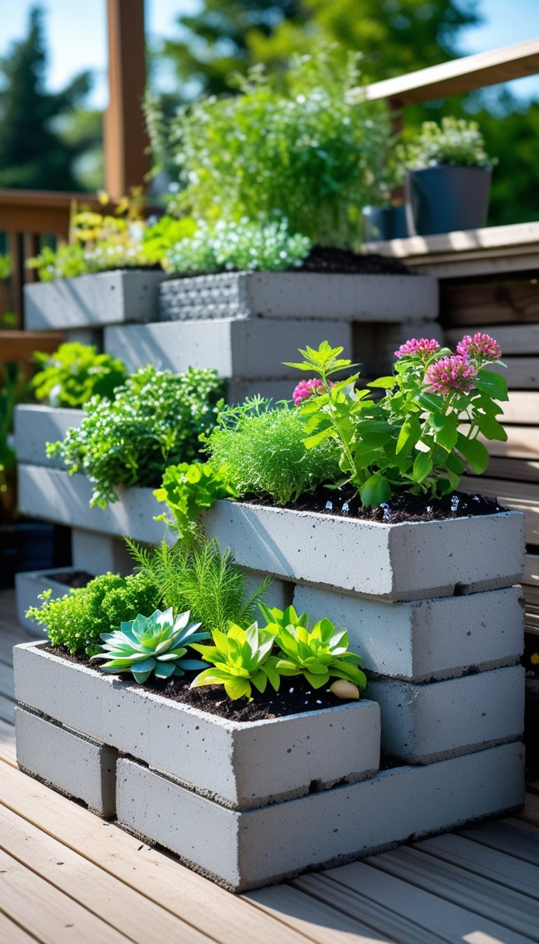 A stacked concrete block garden planter filled with various green plants and colorful flowers on a wooden deck outdoors.