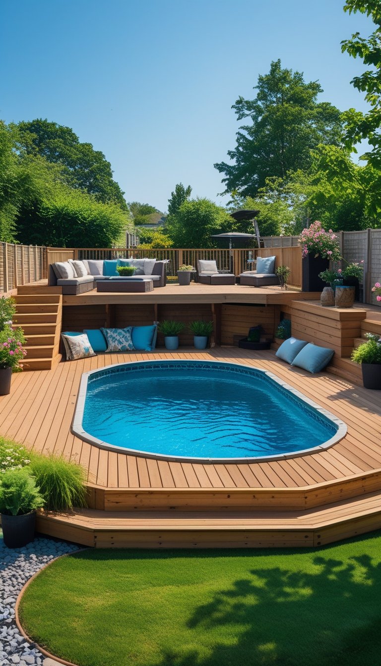 Multi-level wooden deck with built-in seating surrounding an oval above ground swimming pool in a backyard.