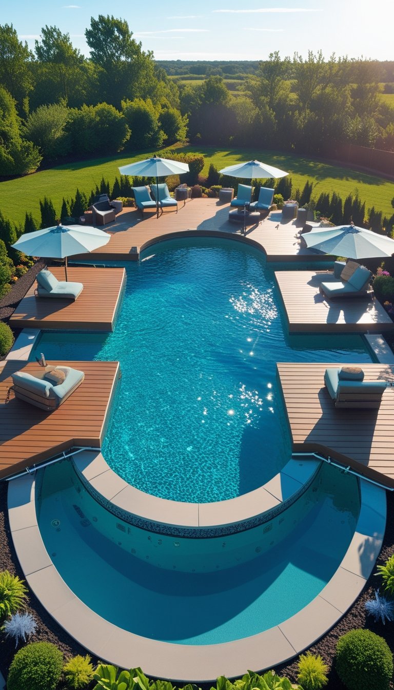 An oval above-ground swimming pool surrounded by floating wooden deck sections with outdoor furniture and greenery.