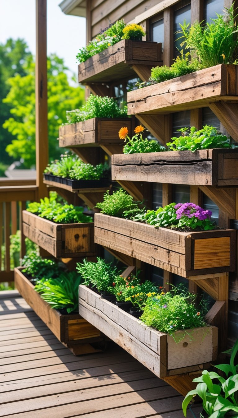 A deck garden with multiple reclaimed wood planter shelves filled with green plants and colorful flowers.