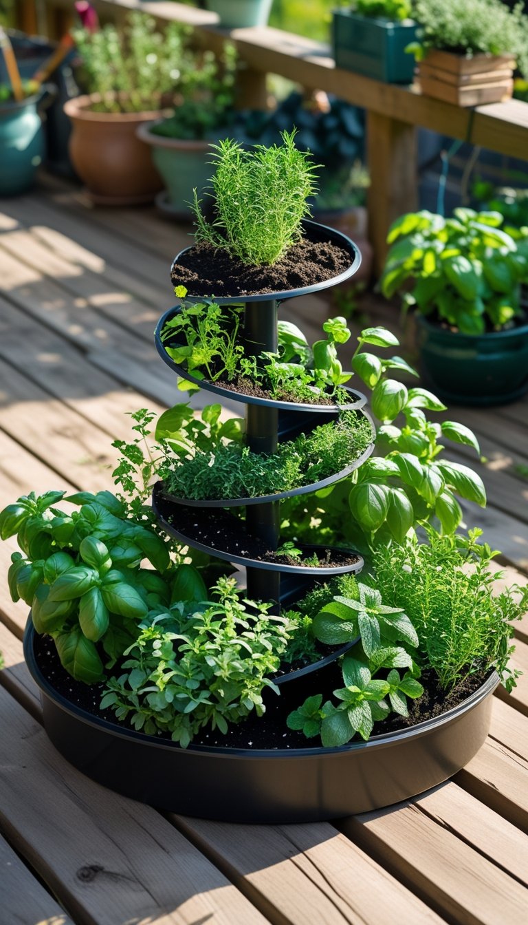 A spiral herb planter filled with various green herbs on a wooden deck garden under natural sunlight.