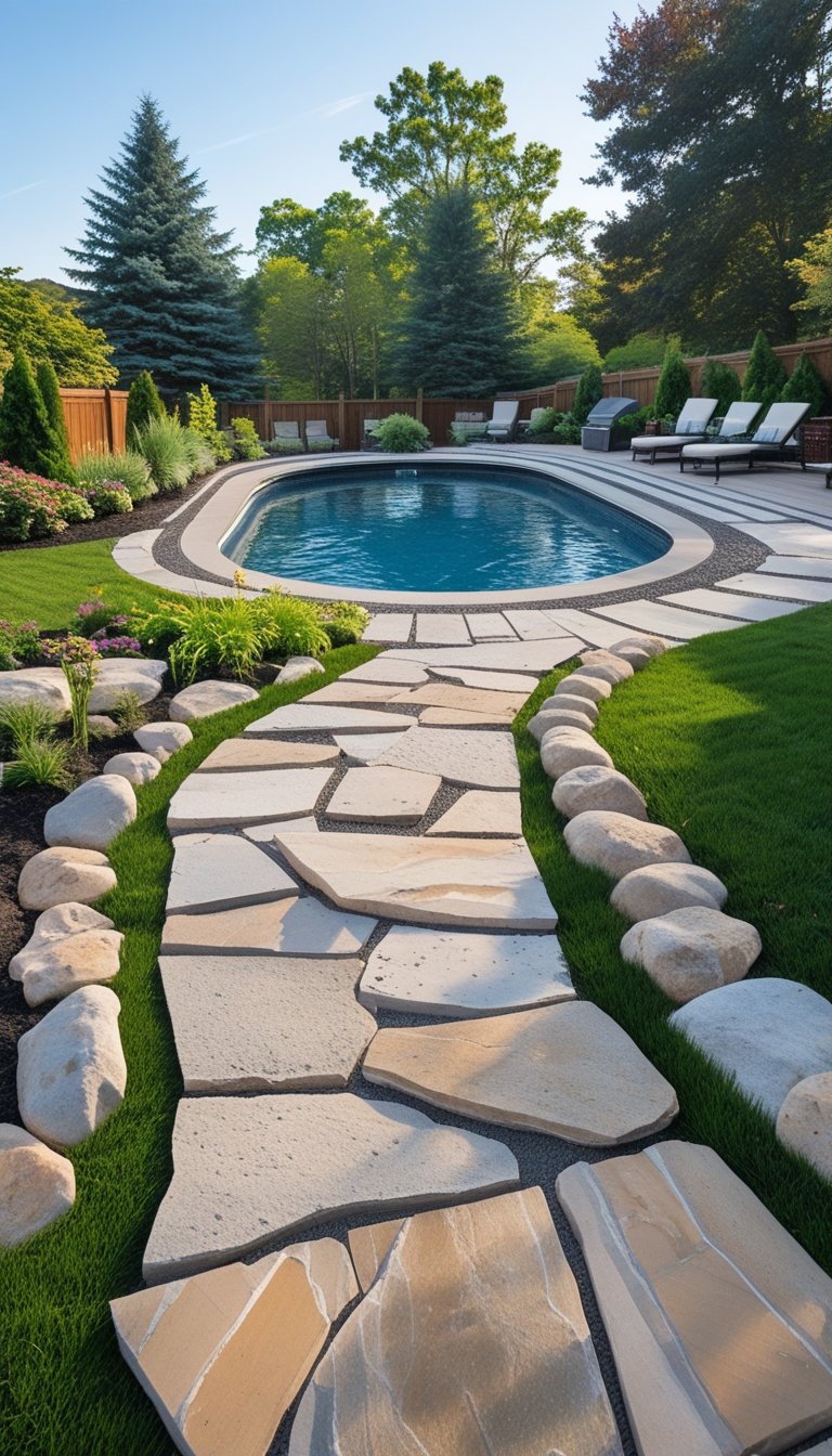 An outdoor oval above ground pool deck with natural stone pathways surrounded by greenery and garden plants.