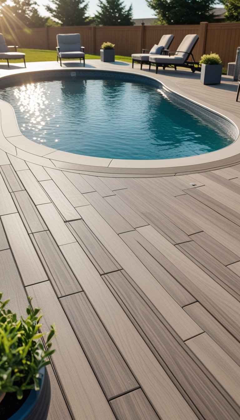 An oval above ground pool surrounded by composite decking with no visible fasteners, outdoor lounge chairs, and greenery under a sunny sky.