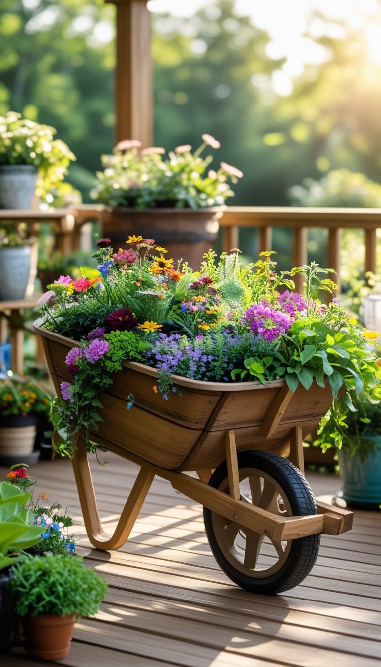 A wooden wheelbarrow filled with colorful flowers and plants sits on a wooden deck surrounded by other garden planters.