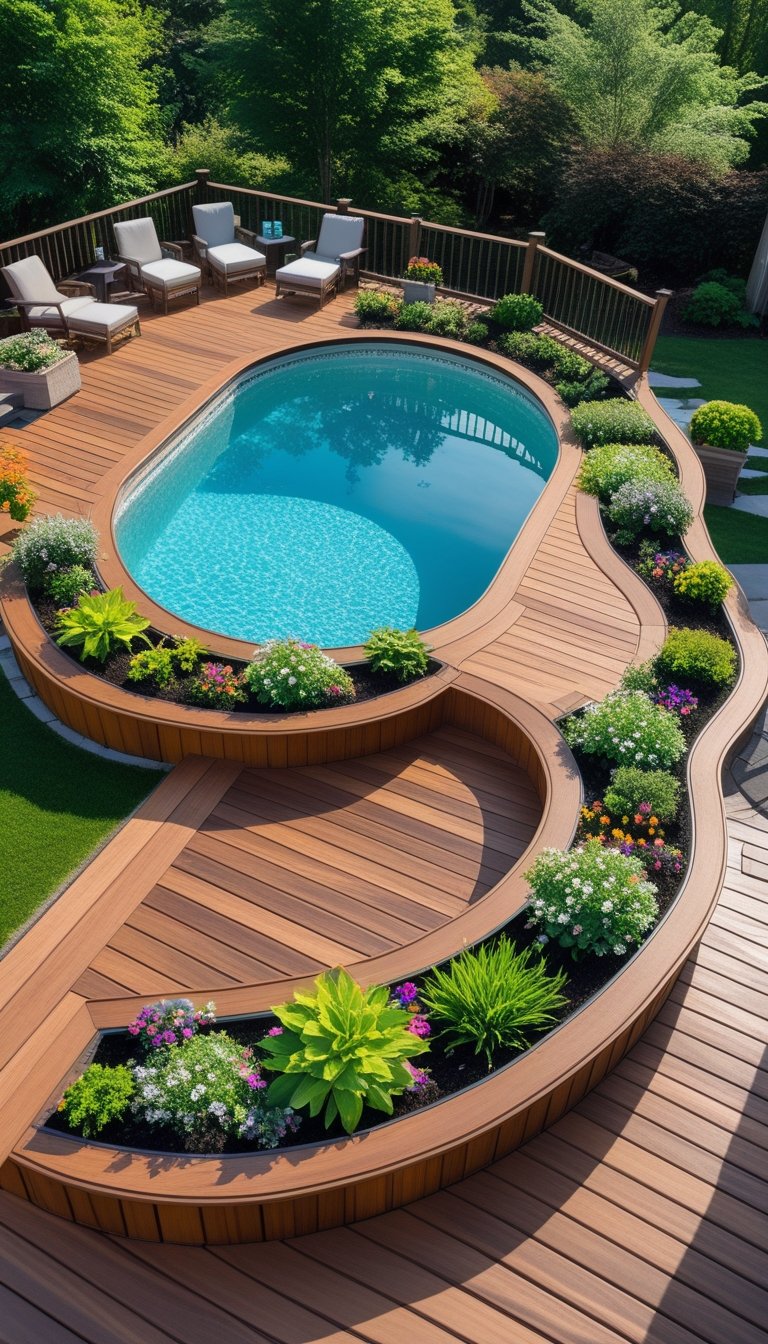 An outdoor wooden deck with integrated planter boxes surrounding an oval above-ground pool, featuring green plants, flowers, and outdoor furniture under a sunny sky.