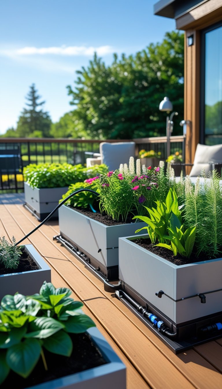 A wooden deck garden with multiple planter boxes containing green plants and flowers, featuring an irrigation system with tubes and drip emitters.