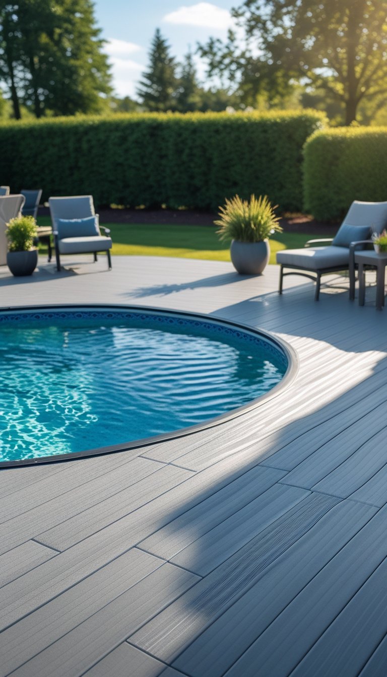 Oval above ground pool surrounded by a vinyl deck with an anti-slip surface, outdoor furniture, and garden plants.
