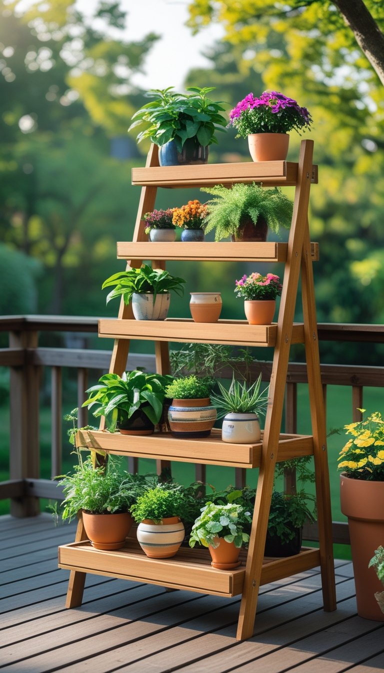 A wooden ladder shelf on a deck holding multiple pots of green plants and colorful flowers.