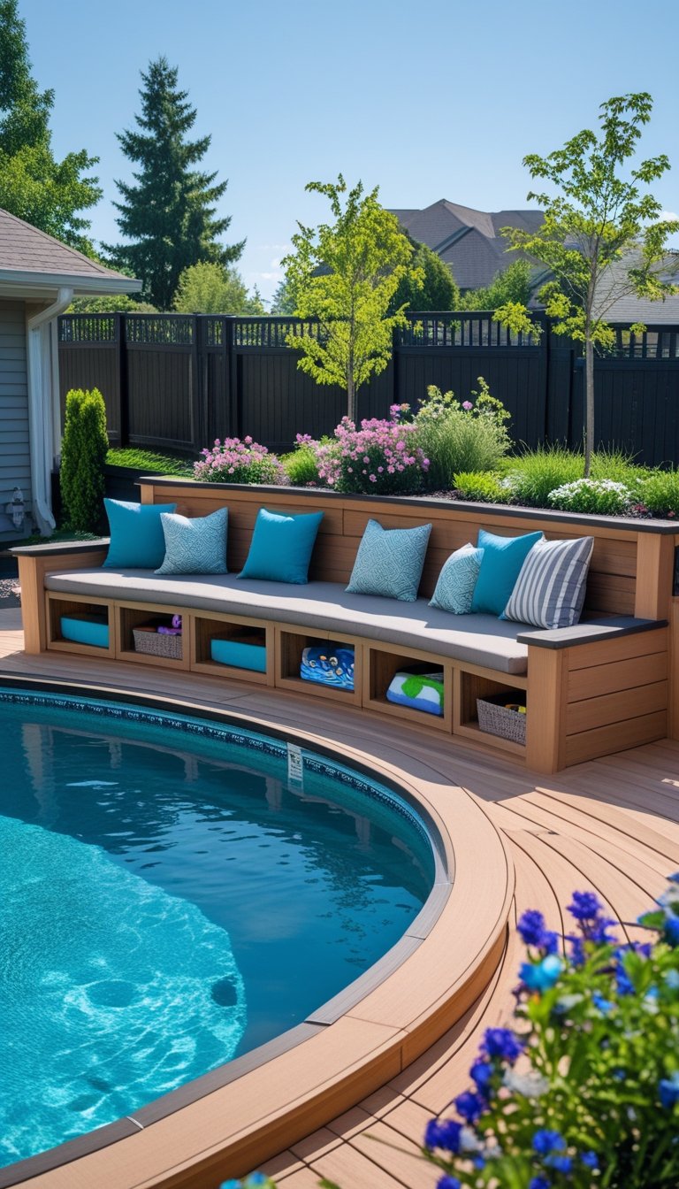 Backyard oval above ground pool with a wooden deck featuring built-in bench seating and storage compartments beneath the benches.