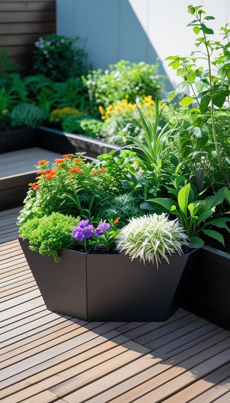 A corner triangular planter filled with green plants and colorful flowers on a wooden deck garden.
