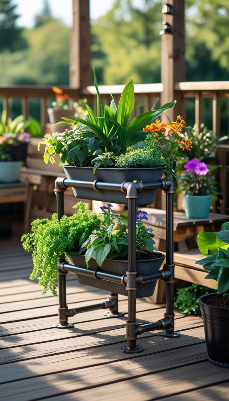 An industrial pipe planter stand on a wooden deck holding various green plants and flowers surrounded by outdoor garden elements.