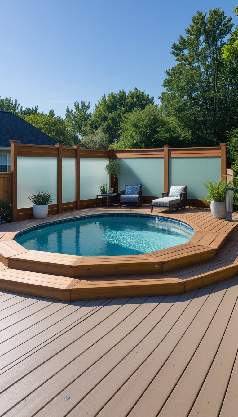 Raised wooden deck around an oval above ground pool with privacy screens and outdoor seating in a backyard setting.