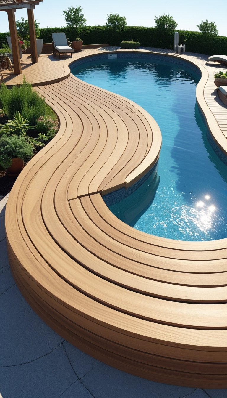 An oval above ground pool with a curved wooden deck matching its shape, surrounded by greenery and outdoor furniture.