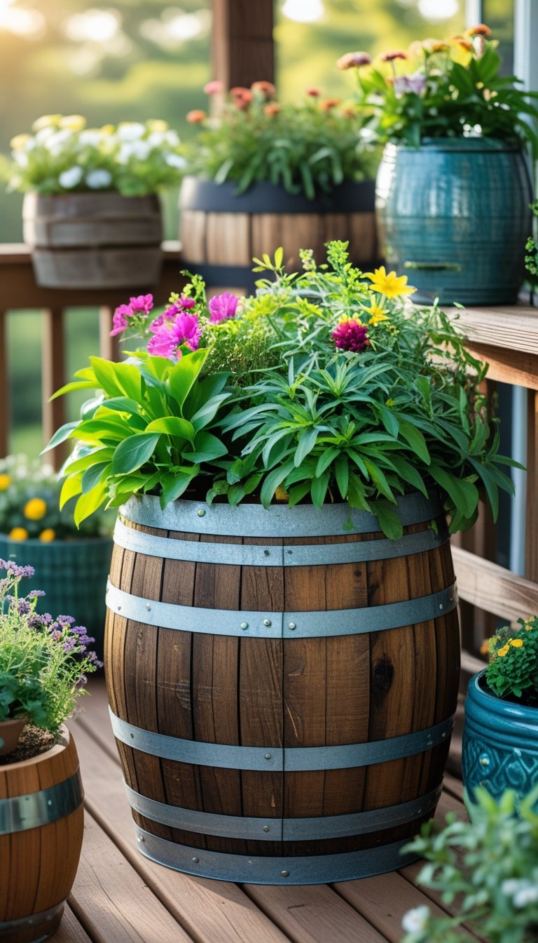 A wooden barrel planter filled with green plants and flowers on a wooden deck surrounded by other garden planters.