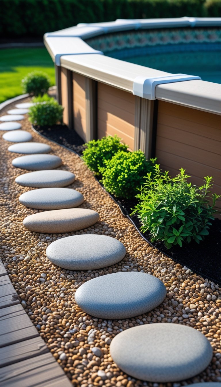 An outdoor area with a pea gravel border and oval stepping stones next to a wooden above ground pool deck surrounded by green plants.