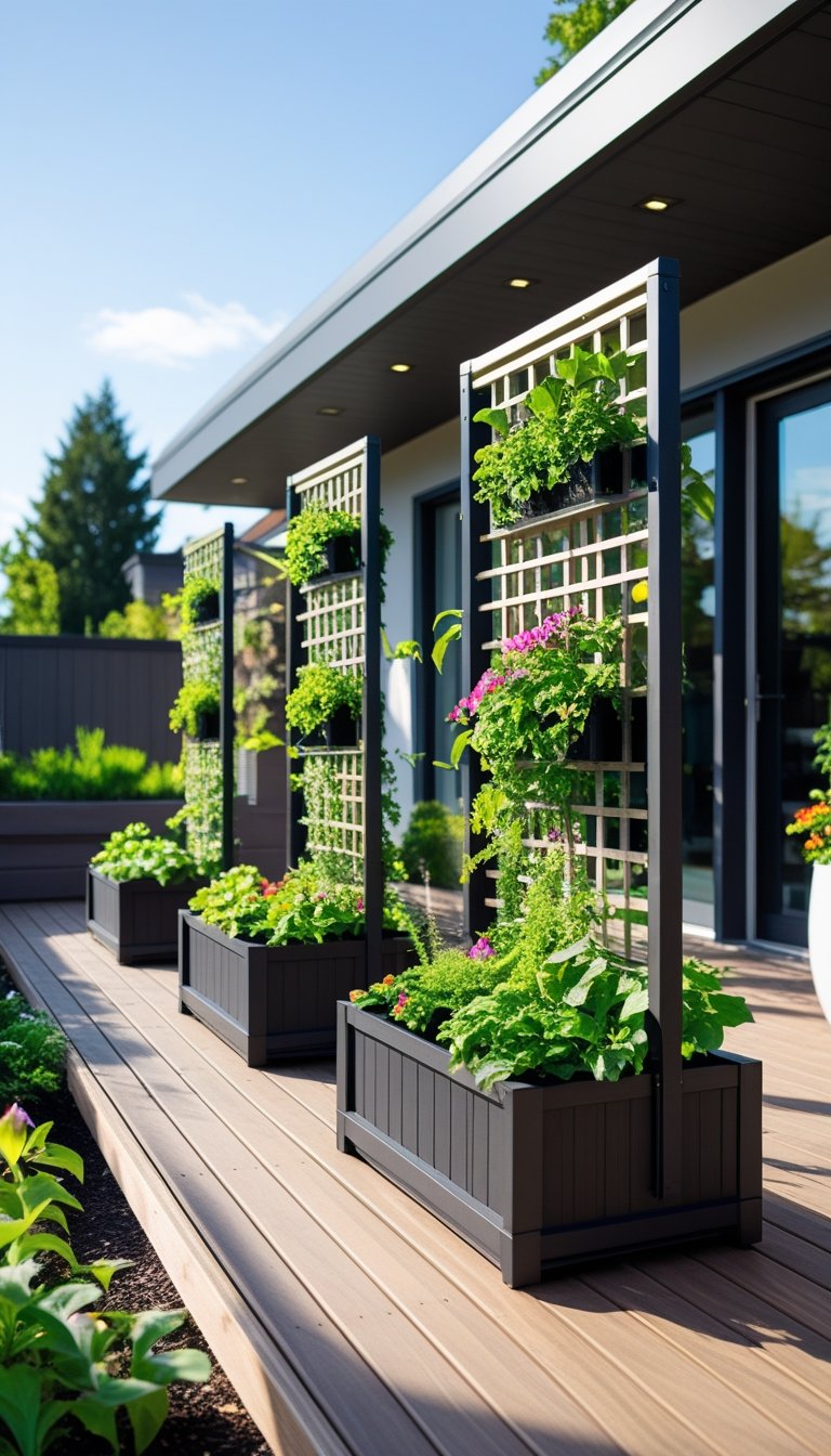 Outdoor wooden deck with multiple planter boxes featuring climbing plants on trellises and colorful flowers.