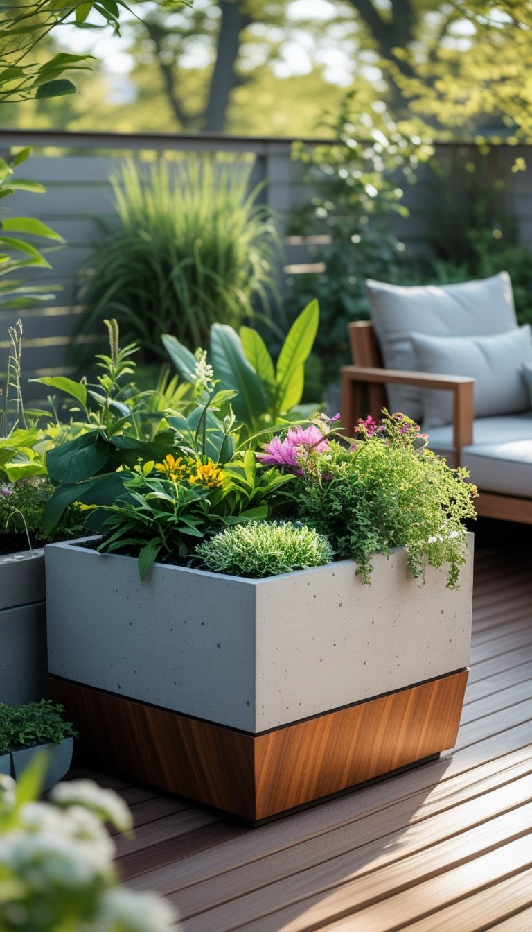 A concrete planter with wooden accents filled with green plants and flowers on a wooden deck surrounded by garden elements.