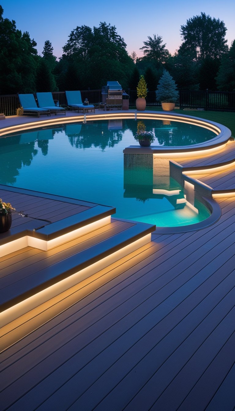 An oval above ground pool surrounded by a wooden deck with built-in LED lighting glowing softly at dusk.