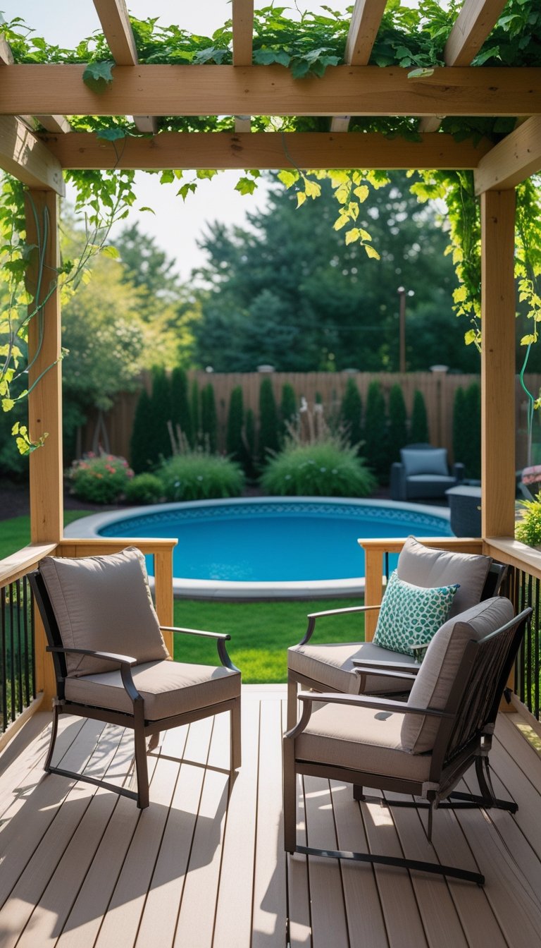 A shaded corner of a wooden deck with outdoor furniture next to an oval above ground pool surrounded by plants.