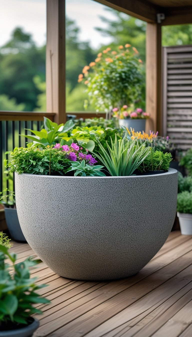 Large fiberstone planter filled with green plants and flowers on a wooden deck garden.