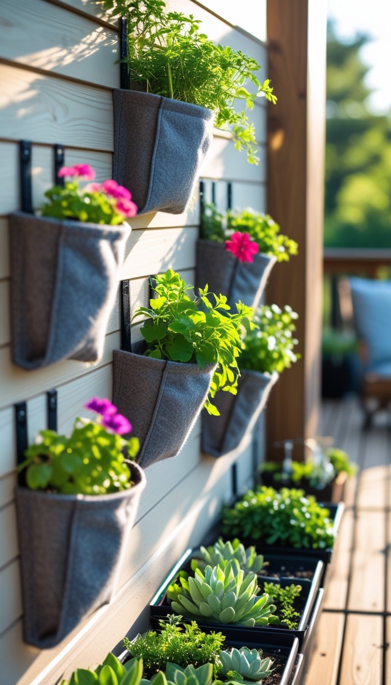 Wall-mounted fabric planter pockets filled with green plants and flowers on an outdoor deck garden.