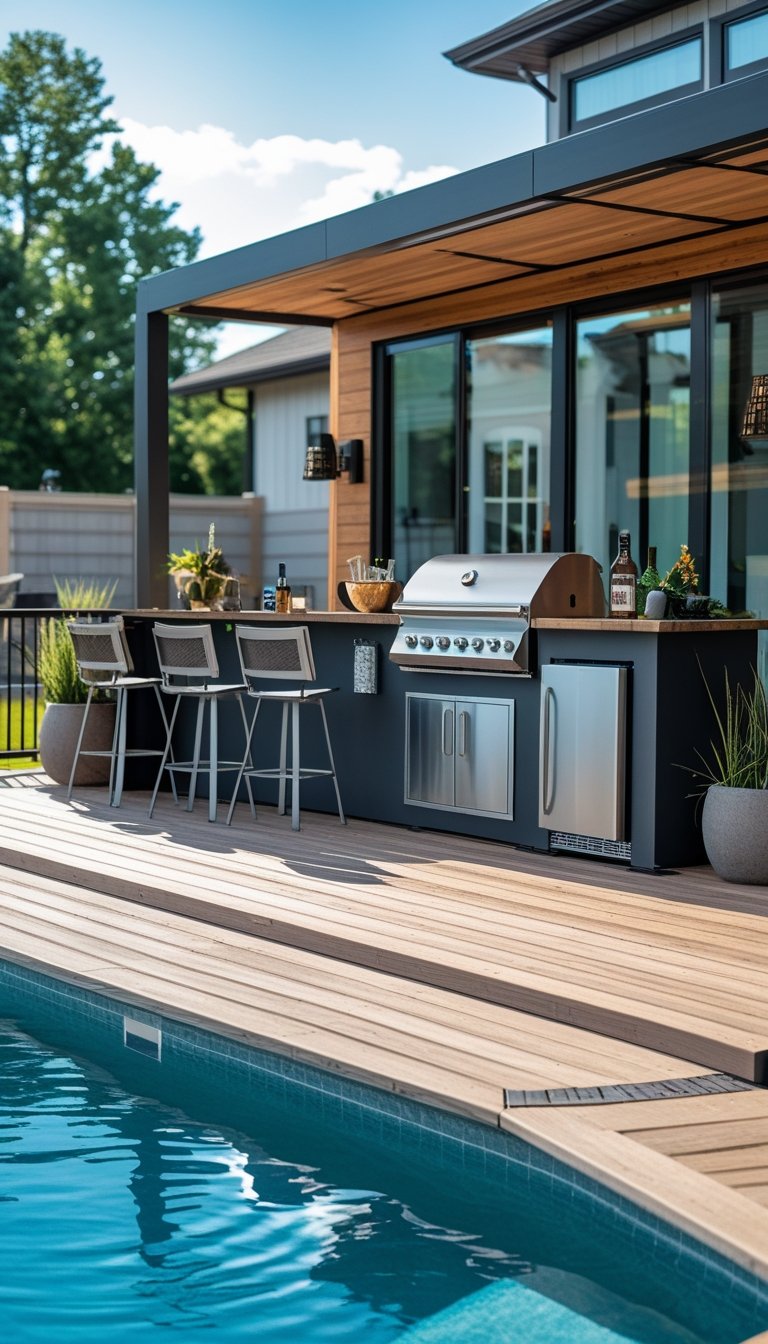 Outdoor bar and grill station on a wooden deck next to an oval above ground pool with seating and plants around.