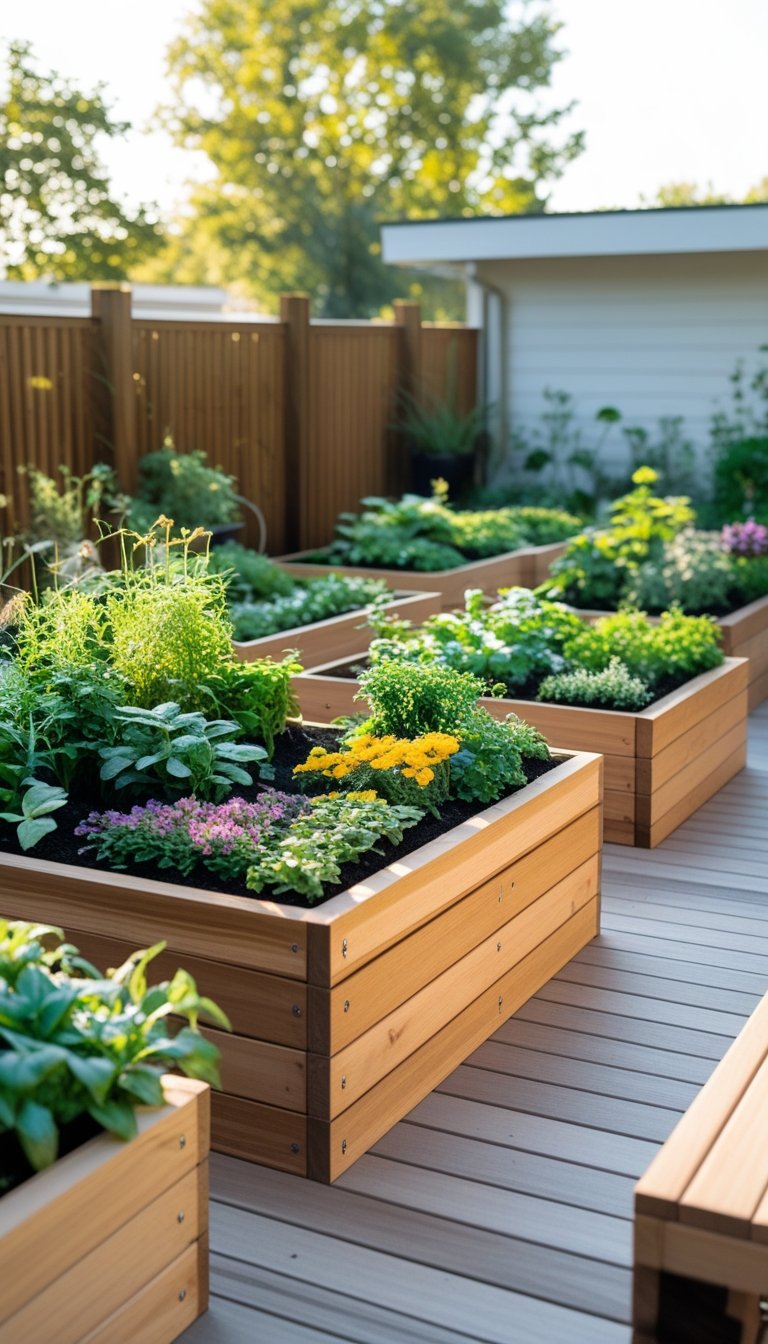 Outdoor deck with raised garden beds that have built-in wooden planter seating surrounded by green plants and flowers.